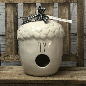 Rae Dunn Acorn FLY Birdhouse With Black And White Ghingham Ribbon